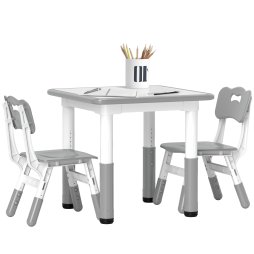AIYAPLAY Kids Table and Chair Set, 3 Pcs Height Adjustable Activity Table Set with 2 Chairs, Easy to Wipe Arts & Crafts Table, for Classrooms, Daycares, Homes - Grey
