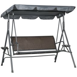 Outsunny 3 Seater Swing Chair, Garden Swing Seat Bench with Adjustable Canopy, Rattan Seat and Steel Frame for Patio, Yard, Dark Grey