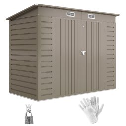 Outsunny 8 x 4FT Garden Shed, Galvanised Metal Shed, Easy to Assemble, Outdoor Tool Storage Shed with Pent Roof, Lockable Door and 2 Vents, Light Grey