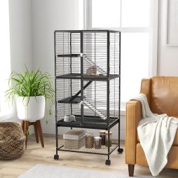 PawHut Ferret Cage Rolling Small Animal Cage 4 Levels Pet Cage 136cm Height for Chinchillas, Squirrels with 3 Doors, Storage Shelf, Tray, Bowl, Water Bottle, Ramps - Charcoal Grey