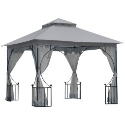 Outsunny 3 x 3m Garden Gazebo Patio Party Tent Shelter Outdoor Canopy Double Tier Sun Shade with Metal Frame and Netting, Light Grey