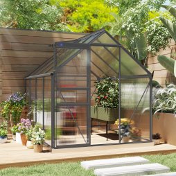 Outsunny 6 x 8ft Polycarbonate Greenhouse, Large Walk-In Greenhouse with Adjustable Roof Vent, Garden Green House with Galvanised Base, Sliding Door and Rain Gutter, Dark Grey