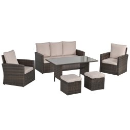 Outsunny 6 Pieces Rattan Garden Furniture Set, 7 Seater Wicker Garden Sofa Set with Glass Top Dining Table, Armchairs and Footstools, Outdoor Furniture with Cushions for Patio, Mixed Brown