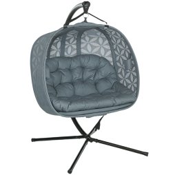 Outsunny Outdoor Double Hanging Chair, Swing Chair with Metal Stand, Thick Padded Cushion, Foldable Basket and Cup Holders, for Indoor and Outdoor, Charcoal Grey