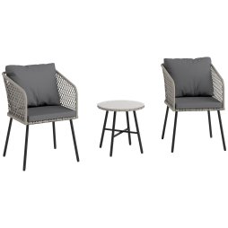 Outsunny 3 Piece Rattan Bistro Set, Patio Wicker Conversation Furniture Set with 2 Chairs, Tempered Glass Table, Cushions, Adjustable Foot Pads, for Garden, Balcony, Grey