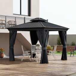 Outsunny 3 x 3.7m Outdoor Hardtop Gazebo Canopy Aluminium Frame with 2-Tier Roof & Mesh Netting Sidewalls for Patio, Dark Grey