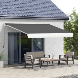 Outsunny 4 x 3(m) Electric or Manual Retractable Awning, Half Cassette, with Remote Controller, Manual Crank Handle and Aluminium Frame, Sun Canopies for Patio Deck Door Window, Grey