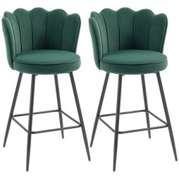 HOMCOM Bar Stools Set of 2, Modern Velvet-Feel Barstools with Petal Backrest and Footrest, Upholstered Breakfast Bar Chairs with Metal Legs for Kitchen Island Counter, Dining Room, Dark Green
