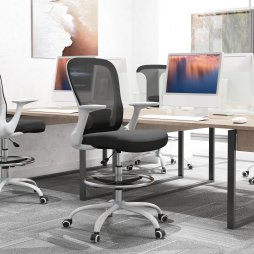 HOMCOM Drafting Chair, Swivel Draughtsman Chair, Ergonomic Office Chair, Mesh Standing Desk Chair with Flip-up Armrest, Lumbar Support, Adjustable Foot Ring, Black and White