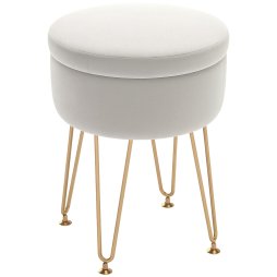 HOMCOM 5L Velvet Storage Ottoman, Modern Round Footstool with Metal Hairpin Legs and Removable Lid, Dressing Table Stool Side Table for Hallway, Bedroom, Living Room, 33 x 33 x 43 cm, Cream White