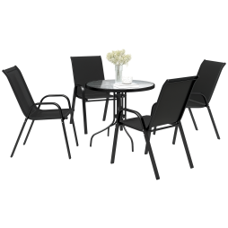 Outsunny 5 Pieces Garden Dining Set, 4 Seater Garden Furniture with High Back Stackable Chairs and Round Glass Top Table, Outdoor Bistro Set with Parasol Hole for Patio, Black