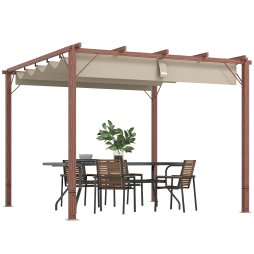 Outsunny 3 x 3(m) Garden Pergola with Retractable Roof Canopy and Wood Grain Aluminium Frame, Outdoor Gazebo Pergola Kit, UPF30+ Sun Shade Shelter for Deck, Porch, Natural Wood Finish