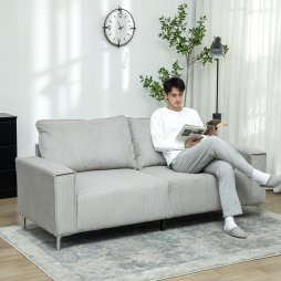 HOMCOM Modern 3 Seater Sofa with Spring Cushion, 193cm Fabric Sofa Couch with Back Pillows, Upholstered Corduroy Settee for Living Room, Bedroom, Home Office, Light Grey