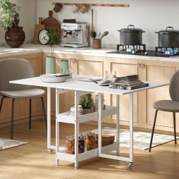 HOMCOM Industrial Folding Dining Table, Drop Leaf Table with Open Compartments for Small Spaces, Kitchen, Dining Room, White