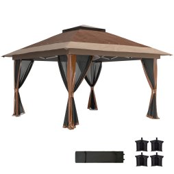 Outsunny 3.6 x 3.6m Pop Up Gazebo with Mesh Sides, UPF50+ Height Adjustable Party Tent Instant Event Shelter with Wheeled Carry Bag and Sand Bags for Garden, Patio, Brown