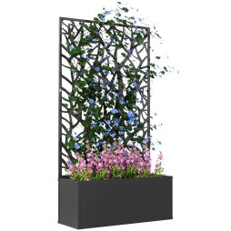 Outsunny Metal Garden Bed with Trellis, Wall Mounted or Freestanding Raised Planter with Privacy Panel, Two Big Trees Cut-out Privacy Screen with Planter Box for Climbing Plants, Flowers, Vegetables