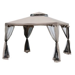 Outsunny 3 x 3 m Metal Gazebo, Garden Pavillion, Double Roof Outdoor Canopy Shelter with Mesh Sidewalls, Taupe