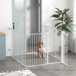 PawHut 2 in 1 Multifunctional Dog Pen, Safety Pet Gate, 6 Panels Dog Playpen with Double-Locking Door, Foldable Dog Barrier for Medium Dogs, 90Hcm - White
