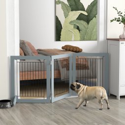 PawHut Freestanding Dog Cate, Foldable Wooden Pet Gate with  - 61cm Tall, for Stairways, Doorways, Hallways, Small Dogs - Grey