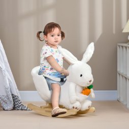 HOMCOM Kids Rocking Horse, Plush Rabbit-Shaped Baby Rocking Animal w/ Carrot Toy, Safety Harness, Realistic Sounds, Foot Pedals, for Toddlers Aged 18-36 Months - White