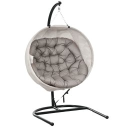 Outsunny Hanging Egg Chair Outdoor Indoor Garden Swing Chair with Folding Basket, Garden Hanging Chair with Stand, Thickened Cushion, Cup Holder for Patio, Balcony, Sand Brown