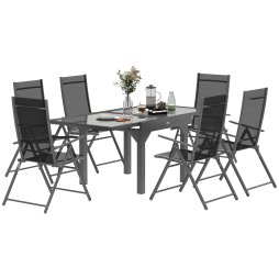 Outsunny 7 Piece Outdoor Dining Set, Garden Furniture Set with Extendable Table and 6 Folding Chairs, Outdoor Conversation Set with 5mm Tempered Glass Top & Aluminium Frame, for Patio, Balcony, Deck