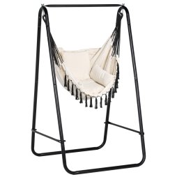 Outsunny Patio Hammock Chair with Stand, Outdoor Hammock Swing Hanging Rope Chair with Cushion, Armrest, Hooks, Cream White