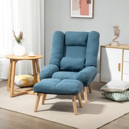 HOMCOM Armchair with Footstool, 180° Recliner with Ottoman, Accent Chair and Footstool with 3-Position Adjustable Backrest and Wooden Legs for Living Room, Blue