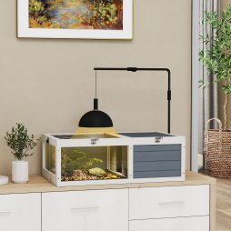PawHut Tortoise House, Wooden Tortoise Table, Tortoise Enclosure with Adjustable Lamp Holder, Openable Lids, Pull-Out Trays - Grey