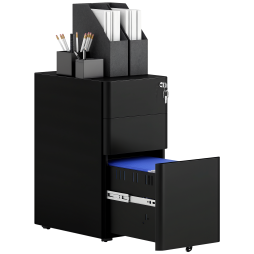 Vinsetto 3-Drawer Mobile Filing Cabinet, Steel Lockable File Cabinet for A4, Legal, Letter, Compact Under Desk Storage Unit with Pre-Assembled Body for Home Office, 30 x 45 x 59cm, Black