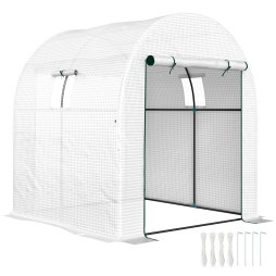 Outsunny 1.8 x 1.8 x 2m Polytunnel Greenhouse with Doors and Mesh Windows, Walk-in Grow House Tent with UV-resistant PE Cover and Steel Frame, White