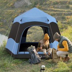 Outsunny Double Layer Instant Pop Up Tent with Rainfly, Hexagon 4 Man Dome Tent, Portable Camping Shelter with Sewn-in Groundsheet and Carry Bag, for Festival Backpacking Road Trips, Blue