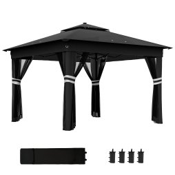 Outsunny 3 x 3(m) Pop Up Gazebo with Sides, 20 Solar-Powered LED Lights, Netting, Roller Bag, 4 Weight Bags, Marquee Party Tent, Height Adjustable Instant Event Shelter, Black