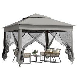 Outsunny 3 x 3(m) Pop Up Gazebo, Double-roof Garden Tent with Netting and Carry Bag, Party Event Shelter for Outdoor Patio, Dark Grey