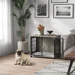 PawHut Dog Crate Furniture, Dog Cage End Table with Large Top, Soft Washable Cushion, Lockable Front Door, Wire Mesh Ventilation, Indoor Pet Crate for Medium Sized, 80 x 56 x 63cm - Grey wood effect