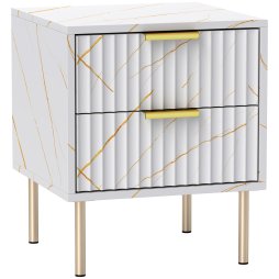HOMCOM Marble Pattern Bedside Table, Fluted Bedside Cabinet with 2 Drawers, Side End Table with Steel Legs for Bedroom, White
