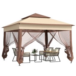 Outsunny 3 x 3(m) Pop Up Gazebo, Double-roof Garden Tent with Netting and Carry Bag, Party Event Shelter for Outdoor Patio, Khaki