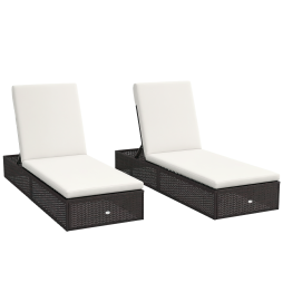 Outsunny PE Rattan Sun Loungers Set of 2, Five-level Adjustable Recliner Chairs w/ Soft Padded Cushion for Patio, Garden, Mixed Brown