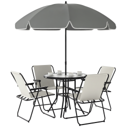 Outsunny 4 Seater Garden Furniture Set, 6 Pieces Garden Table and Chairs with Parasol, Outdoor Garden Dining Set with Folding Chairs and Round Glass Top Table for Patio, Cream White