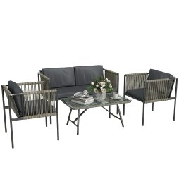 Outsunny 4 Piece Rattan Garden Furniture Set, 4 Seater Wicker Outdoor Furniture Set with 2 Armchairs, Loveseat, Glass Top Coffee Table and Cushions for Balcony, Porch, Grey