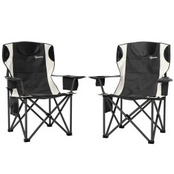 Outsunny Set of 2 Folding Camping Chairs, Padded Camping Chairs with Adjustable Armrests, Portable & Lightweight Folding Camp Chair with Cooler Bag, Cup Holder and Side Pockets, Black