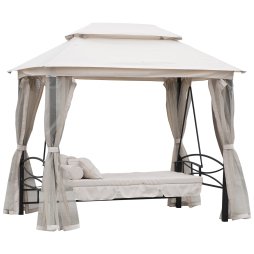 Outsunny 3 Seater Convertible Swing Chair, Outdoor Gazebo Swing Seat Bed with Double Tier Canopy, Cushioned Seat, Mesh Sidewalls and Curtains, Beige