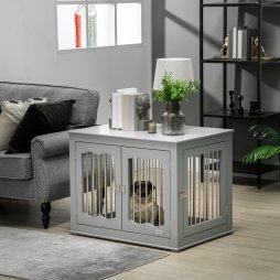 PawHut Dog Crate End Table with Three Doors, Furniture Style Dog Crate with Interchanged Side Door, for Medium Dogs, Indoor Use w/ Locks and Latches - Grey