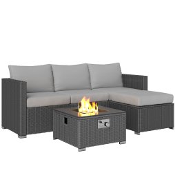 Outsunny 5 Piece Rattan Garden Furniture Set with Gas Fire Pit Table, 4 Seater Outdoor Sectional Sofa Set with Footstool and Removable Cushions, Modular Combination, Grey
