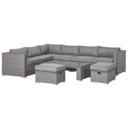 Outsunny 6 Pieces Rattan Garden Furniture Set, Wicker Garden Corner Sofa Set with 10cm Thickened Cushions, Aluminium Frame Conservatory Furniture with Glass Top Coffee Table, Footstools, Grey