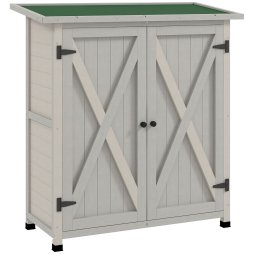 Outsunny Wooden Garden Storage Shed, Tool Cabinet Organiser with Shelves and Double Door, 110 x 55 x117cm, Light Grey