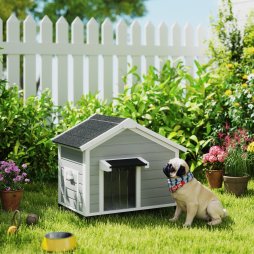 PawHut Dog House Wooden Dog Kennel Outdoor with Openable Asphalt Roof, Removable Floor, Door Curtain, Elevated Feet, for Medium Breeds, Light Grey