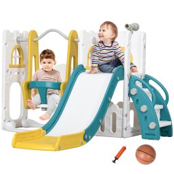 AIYAPLAY Toddler Swing and Slide Set, 6-in-1 Baby Climber and Swing Set, Kids Playground with Basketball Hoop, Telescope, Storage Space - Yellow