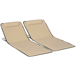 Outsunny Set of 2 Foldable Garden Beach Chair Mat Lightweight Outdoor Sun Lounger Seats Adjustable Back Metal Frame PE Fabric Head Pillow w/ Carry Bag, Beige