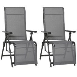 Outdoor Reclining Garden Chair Set of 2, 10-Position Adjustable Folding Sun Lounger Zero Gravity Chairs with Texteline Seat, Armrests and Footrest for Patio, Grey